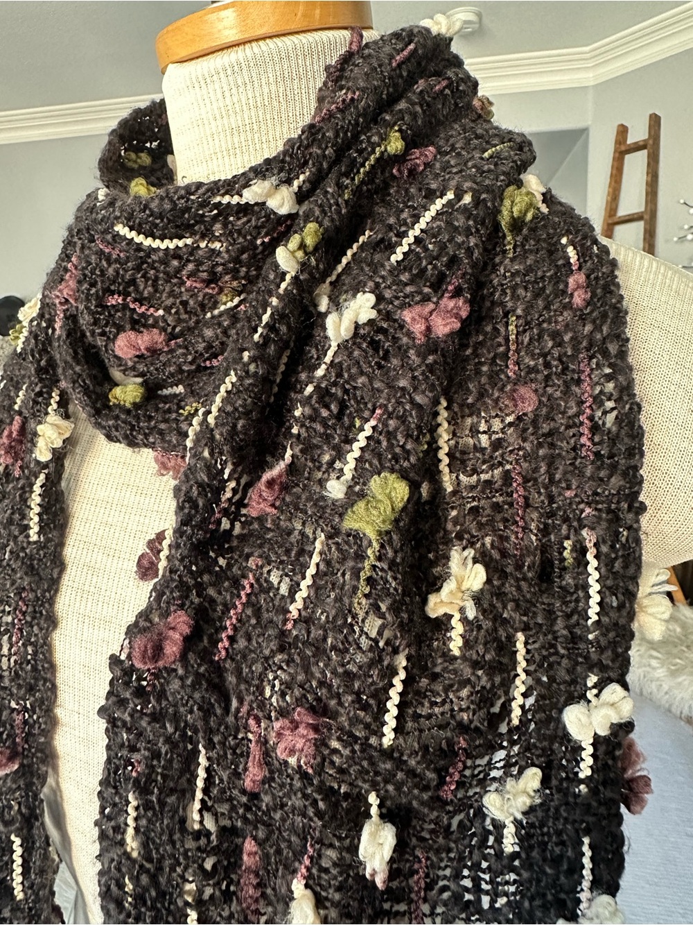 Black Textured Fringe Scarf with Multicolor Flower Accents - Picture 3 of 10